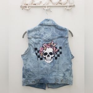 Edgy Denim Vest with Skull and Floral Art